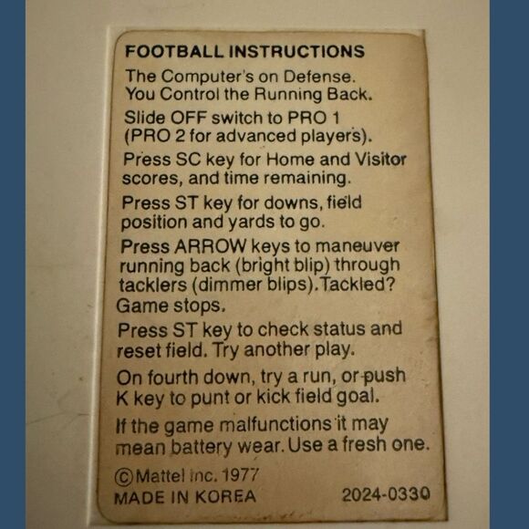 Vintage Original 1977 Mattel Electronics Football Handheld Game No. 2024 - Picture 4 of 6